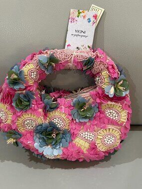 Colorful Pink Grey Yellow Floral Bag Beaded Sequin Bag Handcrafted in India NWT